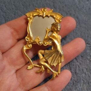 Vintage AJC Signed Goldtone Brooch Of Art Deco Lady At Vanity Mirror